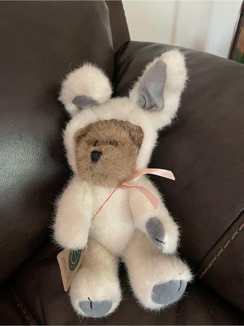 Boyds Bears Plush Teddy in Cream with Gray Accents and Pink Ribbon